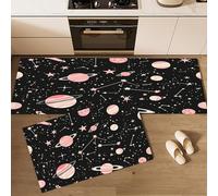 Non Slip Kitchen Rug Set 2 Pieces, 43×75cm+43×120cm Washable Floor Mat, Space Universe Pink Planet Constellation Kitchen Runner with 16 PCS Anti-slip PU Stickers for Hallway Laundry Bedroom