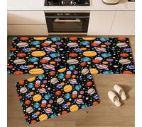 Non Slip Kitchen Rug Set 2 Pieces,45×75cm+45×150cm Washable Floor Mat,Cartoon Universe Dense Planet Kitchen Runner with 16 PCS Anti-slip PU Stickers for Hallway Laundry Bedroom