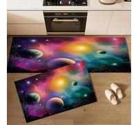 Non Slip Kitchen Rug Set 2 Pieces, 45×75cm+45×150cm Washable Floor Mat, Universe Planet Space Nebula Kitchen Runner with 16 PCS Anti-slip PU Stickers for Hallway Laundry Bedroom