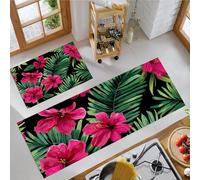 Non Slip Kitchen Rug Set, Water Absorbent Hibiscus Floor Mats, Tropical Flowers Watercolor Painting Kitchen Carpets and Rugs for Home Dining Room and Entryway, Dark Green 50x80cm+50x150cm 2 Pieces