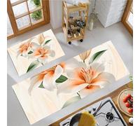 Non Slip Kitchen Rug Set, Water Absorbent Lily Floor Mats, Orange Flowers Kitchen Carpets and Rugs for Home Dining Room and Entryway, Light Orange 40x60cm+40x120cm 2 Pieces