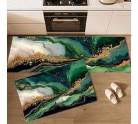 Non-Slip Kitchen Rugs Marble Swirl Machine Washable Carpet Abstract Fluid Art Runner Rug Mat for Kitchen Entryway Hallway Laundry Room, 40x60cm+40x120cm, Emerald Green