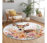 Non Slip Lightweight Round Rug 100 cm for Bedroom Living Room Kitchen Home Decor, Colorful Machine Washable Not Easy to Fade, Animal Deer Florals Theme Low-Pile Circle Thin Carpet