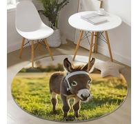 Non Slip Lightweight Round Rug 100 cm for Bedroom Living Room Kitchen Home Decor, Green Brown Machine Washable Not Easy to Fade, Animal Donkey Grass Theme Low-Pile Circle Thin Carpet