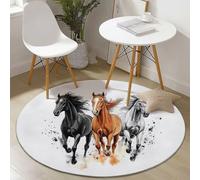 Non Slip Lightweight Round Rug 100 cm for Bedroom Living Room Kitchen Home Decor, White Machine Washable Not Easy to Fade, Animal Watercolor Horse Theme Low-Pile Circle Thin Carpet