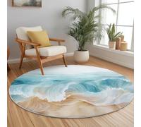 Non Slip Lightweight Round Rug 150 cm for Bedroom Living Room Kitchen Home Decor, Blue Yellow Machine Washable Not Easy to Fade, Simple Beach Ocean Theme Low-Pile Circle Thin Carpet