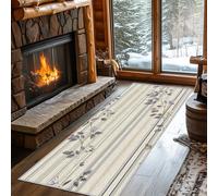 Non Slip Line Floral Runner Rug for Hallway Washable, 90 x 300 cm Flower Leaf Beige Carpet Runner Extra Long for Living Room, Hall, Kitchen, Bedroom, Indoor Door Mat, Ultra Thin