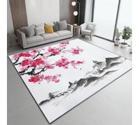 Non-Slip Low Pile Non-Shedding Rug, Soft Touch Japanese Style Pagoda Flowers Carpet - Perfect for Living Room Bedroom Floor Decoration 80 x 150 cm White
