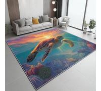 Non-Slip Low Pile Non-Shedding Rug, Soft Touch Ocean Style Abstract Sea Turtle Coral Reef Carpet - Perfect for Living Room Bedroom Floor Decoration 140 x 200 cm Blue-Green