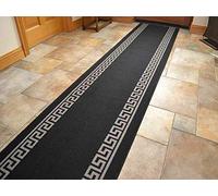 Non Slip Machine Washable Black Grey Greek Key Cut To Size Runner Rugs 80cm wide