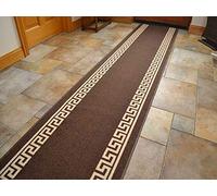 Non Slip Machine Washable Brown Beige Greek Key Cut To Size Runner Rugs 80cm wide