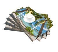 Non-Slip Plistic PVC Placemats Set of 4,Ocean Beach Palm Trees Tropical Island Seaside Easy Clean Place Mats, Indoor/Outdoor Washable Placemat for Party Kitchen Dining Decor