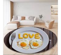 Non Slip Retro Style Round Rug 150cm, Short Pile Super Soft Machine Washable Area Rugs Romance Plate Fried Egg Knife And Fork Printed Carpet for Living Room Bedroom Kitchen Nursery Lounge Cream