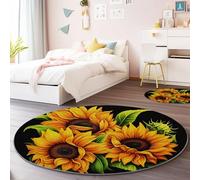 Non-Slip Round Area Rug 120 cm - Flowers Sunflower Petals Theme Soft Fluffy Flannel Round Carpet, Black Yellow Low Pile Washable Indoor Rugs for Bedroom Kitchen Office Entryway