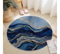 Non-Slip Round Area Rug 180cm Short Pile Washable Abstract Waves & Lines Gold Print on Blue No Shedding - Ideal for Bedroom Dining Room Office Decor
