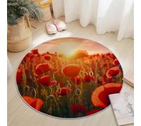 Non-slip Round Area Rug for Living Room, 160 cm Soft Machine Washable Floor Rug Nature Poppy Field Theme Decoration for Bedroom Children's Room Balcony, Colorful Circle Carpet