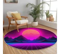 Non-slip Round Area Rug for Living Room, 60 x 60 cm Soft Machine Washable Floor Rug Surrealism Mountains Grid Theme Decoration for Bedroom Children's Room Balcony, Purple Circle Carpet
