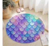 Non-slip Round Area Rug for Living Room, 90 cm Soft Machine Washable Floor Rug Cartoon Dreamy Mermaid Scales Theme Decoration for Bedroom Children's Room Balcony, Colorful Circle Carpet