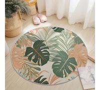 Non-slip Round Area Rug for Living Room, 90 cm Soft Machine Washable Floor Rug Plant Tropical Leaves Theme Decoration for Bedroom Children's Room Balcony, Light Gray Circle Carpet