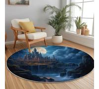 Non-slip Round Area Rug for Living Room, 90 x 90 cm Soft Machine Washable Floor Rug Fantasy Night Sky City Theme Decoration for Bedroom Children's Room Balcony, Dark Blue Circle Carpet