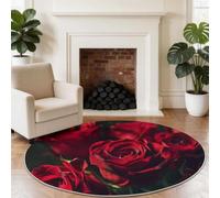 Non-Slip Round Rug 150 cm, Flowers Roses Round Carpet for Under the Table, Black-Red Soft Low Pile Contemporary Luxury Circle Rugs for Living Room, Bedroom, Dining room & Home Office