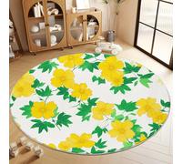 Non Slip Round Rug 80 cm, Super Soft Round Flannel Yellow Carpet for Home Room Decorative Playroom Children's - Washable Retro Japan Yellow Flowers Living Room Rug