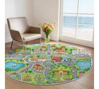 Non-Slip Round Rug 90 cm, City Life Road Map Round Carpet for Under the Table, Multicoloured Soft Low Pile Fun Cartoon Circle Rugs for Living Room, Bedroom, Dining room & Home Office