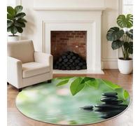 Non-Slip Round Rug 90 cm, Zen Stones Plants Round Carpet for Under the Table, Green Soft Low Pile Minimalist Oriental Circle Rugs for Living Room, Bedroom, Dining room & Home Office