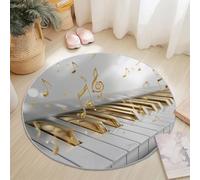 Non Slip Round Rug Abstract Piano Musical Notes Printing Super Soft, White Gold Short Liner Round Carpet for Home Room Decorative Playroom Children's Washable, 180 cm Size Durable Mat
