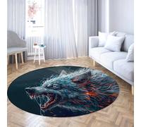 Non Slip Round Rug Futuristic Sci-Fi Style Wildlife Wolf Pattern Low Pile Mats for Studio Lounge Office Game Room Easy Clean 100cm