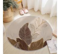 Non Slip Round Rug Simple Lines Leaves Printing Super Soft, Brown Short Liner Round Carpet for Home Room Decorative Playroom Children's Washable, 90 cm Size Durable Mat