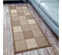 Non Slip Rug Kitchen Living Room Fat Weave Check Carpet Small Large Runner Mat (60x230cm - 2'x7'5'' ft, Natural Brown Checkered)