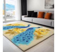Non-Slip Rug with Durable Edge Binding, 140 x 200 cm, Super-Soft Beige Living Room Rug, Washable Low-Pile Carpet for the Bedroom with an Retro 3D Animal Peacock Pattern
