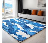 Non-Slip Rug with Durable Edge Binding, 140 x 200 cm, Super-Soft Blue Living Room Rug, Washable Low-Pile Carpet for the Bedroom with an Tradition Japan Waves Pattern