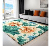 Non-Slip Rug with Durable Edge Binding, 140 x 200 cm, Super-Soft Dark Green Living Room Rug, Washable Low-Pile Carpet for the Bedroom with an Delicate Retro Sense Of Art Flowers Pattern