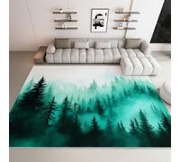 Non-Slip Rug with Durable Edge Binding 140 x 200 cm, Super-Soft Dark Green Low-Pile Carpet with an Dreamlike Forest Minimalism Pattern - Washable for the Living Room or Bedroom