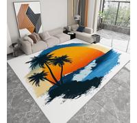 Non-Slip Rug with Durable Edge Binding 140 x 200 cm, Super-Soft Orange Low-Pile Carpet with an Retro Sunset Palm Trees Pattern - Washable for the Living Room or Bedroom