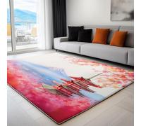 Non-Slip Rug with Durable Edge Binding, 140 x 200 cm, Super-Soft Pink Living Room Rug, Washable Low-Pile Carpet for the Bedroom with an Elegant Mount Fuji Japan Floral Pattern