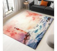 Non-Slip Rug with Durable Edge Binding, 140 x 200 cm, Super-Soft Pink Living Room Rug, Washable Low-Pile Carpet for the Bedroom with an Coastal Lighthouse Waves Pattern