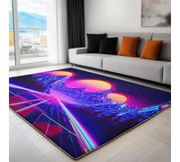 Non-Slip Rug with Durable Edge Binding, 160 x 230 cm, Super-Soft Blue Purple Living Room Rug, Washable Low-Pile Carpet for the Bedroom with an Retro Neon Sun Pattern