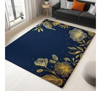 Non-Slip Rug with Durable Edge Binding, 160 x 230 cm, Super-Soft Dark Blue Living Room Rug, Washable Low-Pile Carpet for the Bedroom with an Luxury Exquisite Gold Flowers Pattern