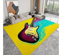 Non-Slip Rug with Durable Edge Binding 60 x 120 cm, Super-Soft Bright Yellow Low-Pile Carpet with an Graffiti Modern Electric Guitar Pattern - Washable for the Living Room or Bedroom