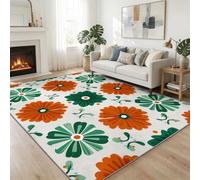 Non-Slip Rug with Durable Edge Binding 60 x 90 cm, Super Soft Orange-Green Low Pile Retro Medieval-Modern Flowers Rug - Washable Carpet for the Living Room Kitchen Bedroom Kids Room Home Decor