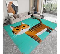 Non-Slip Rug with Durable Edge Binding 80 x 150 cm, Super-Soft Teal Low-Pile Carpet with an Cute Cartoon Animals Cats Pattern - Washable for the Living Room or Bedroom