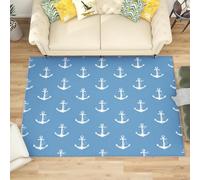 Non Slip Rugs for Living Room Bedroom 120x180 cm, Washable Stain Resistant Low Pile Blue Large Carpet, Soft Fade Resistant Nautical Anchor Print Area Rugs Home Office Decor