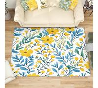 Non Slip Rugs for Living Room Bedroom 120x180 cm, Washable Stain Resistant Low Pile Plant Yellow Flower Large Carpet, Soft Fade Resistant Blue Leaves Area Rugs Home Office Decor