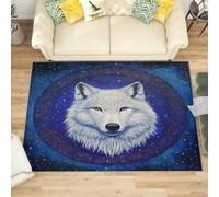 Non Slip Rugs for Living Room Bedroom 60x90 cm, Washable Stain Resistant Low Pile White Wolf Head Pattern Small Carpet, Soft Fade Resistant Blue Pattern Area Rugs Home Office Decor
