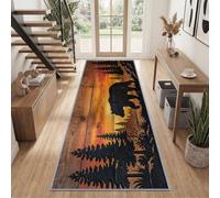 Non Slip Runner Rug North American Distressed Nature Washable 60 x 240 cm | Low Pile Indoor Carpet Black Bear Pine Tree Dusk for Entryway Kitchen Bedroom Bedside Bathroom Living Room