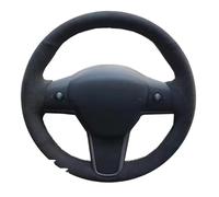 Non Slip Steering Wheel Cover Hand-Stitched Black Genuine Leather Suede Car Steering Wheel Cover For Tesla For Model 3 2017 2018 2019 2020(Black Thread)