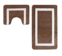 Non Slip Striped 2 Piece Bath Mat & Pedestal Mat Geo Square Stripe Plain Colours (Latte)